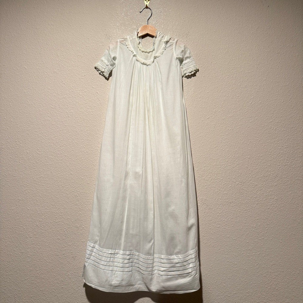 Vintage White Cotton Christening Gown Eyelet Lace Pintuck Embroidery Heirloom